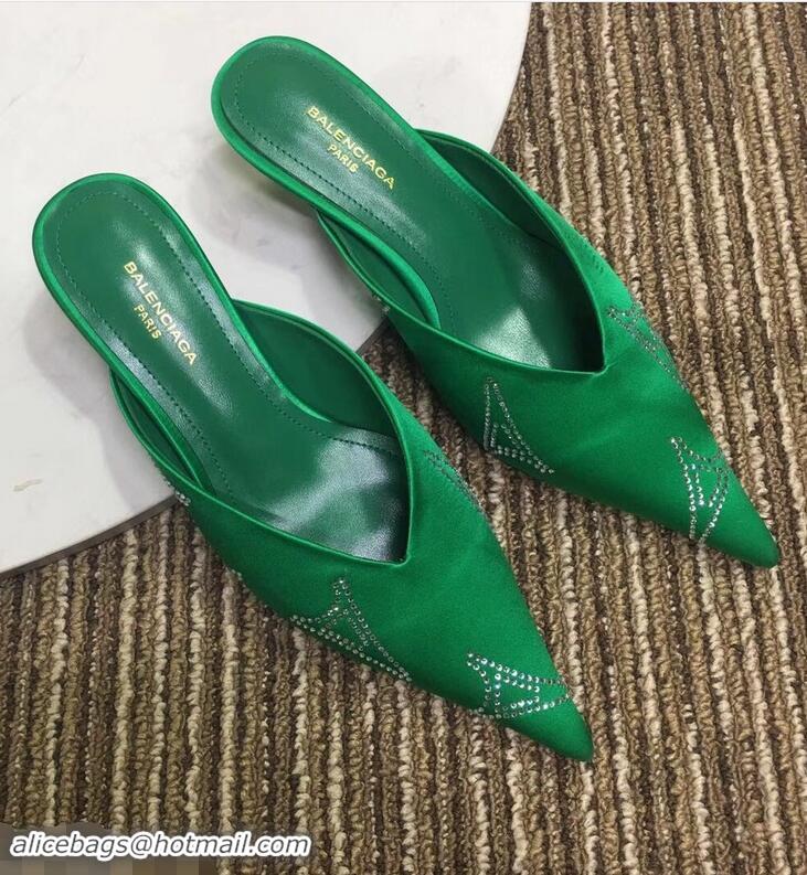 Top Quality Balenciaga Eiffel Tower Strassed Satin Heel 4cm Knife Mules B94809 Green 2019