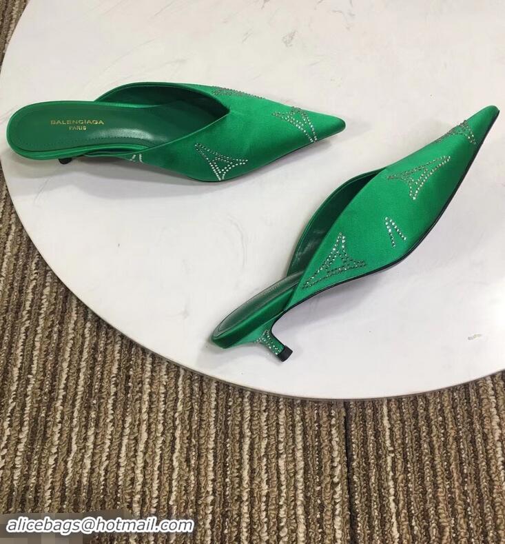 Top Quality Balenciaga Eiffel Tower Strassed Satin Heel 4cm Knife Mules B94809 Green 2019