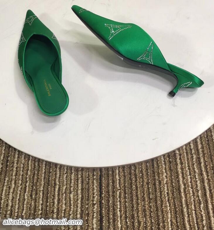 Top Quality Balenciaga Eiffel Tower Strassed Satin Heel 4cm Knife Mules B94809 Green 2019