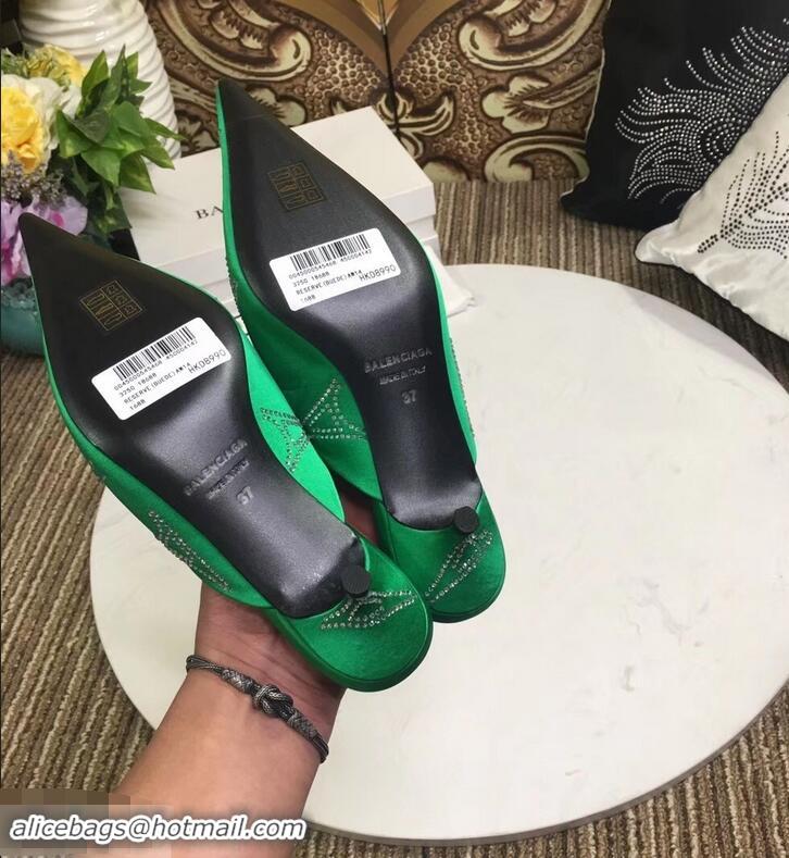 Top Quality Balenciaga Eiffel Tower Strassed Satin Heel 4cm Knife Mules B94809 Green 2019