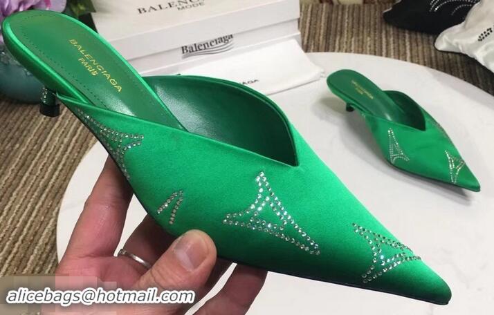 Top Quality Balenciaga Eiffel Tower Strassed Satin Heel 4cm Knife Mules B94809 Green 2019