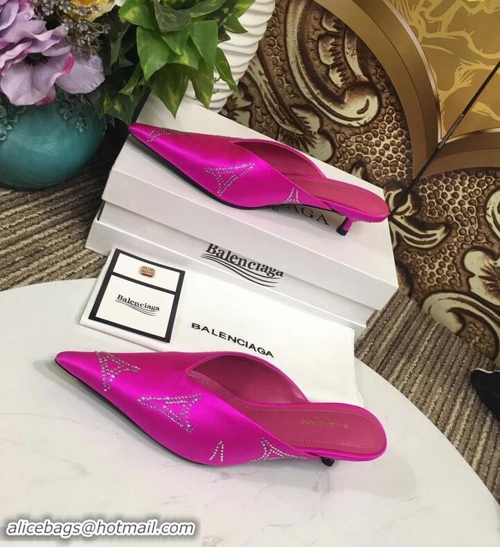 Imitation Balenciaga Eiffel Tower Strassed Satin Heel 4cm Knife Mules B94809 Fuchsia 2019