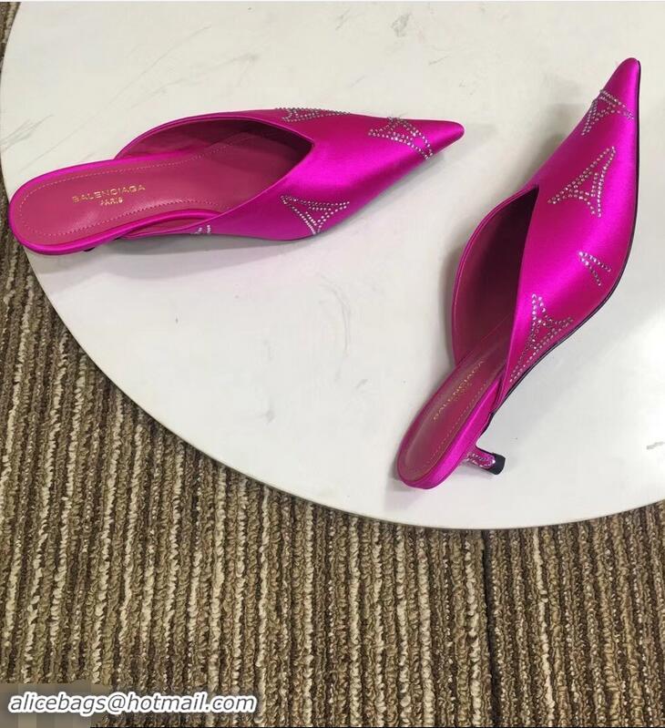 Imitation Balenciaga Eiffel Tower Strassed Satin Heel 4cm Knife Mules B94809 Fuchsia 2019