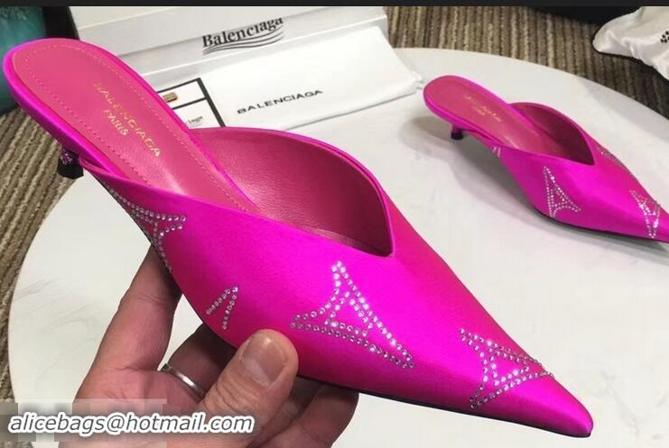 Imitation Balenciaga Eiffel Tower Strassed Satin Heel 4cm Knife Mules B94809 Fuchsia 2019