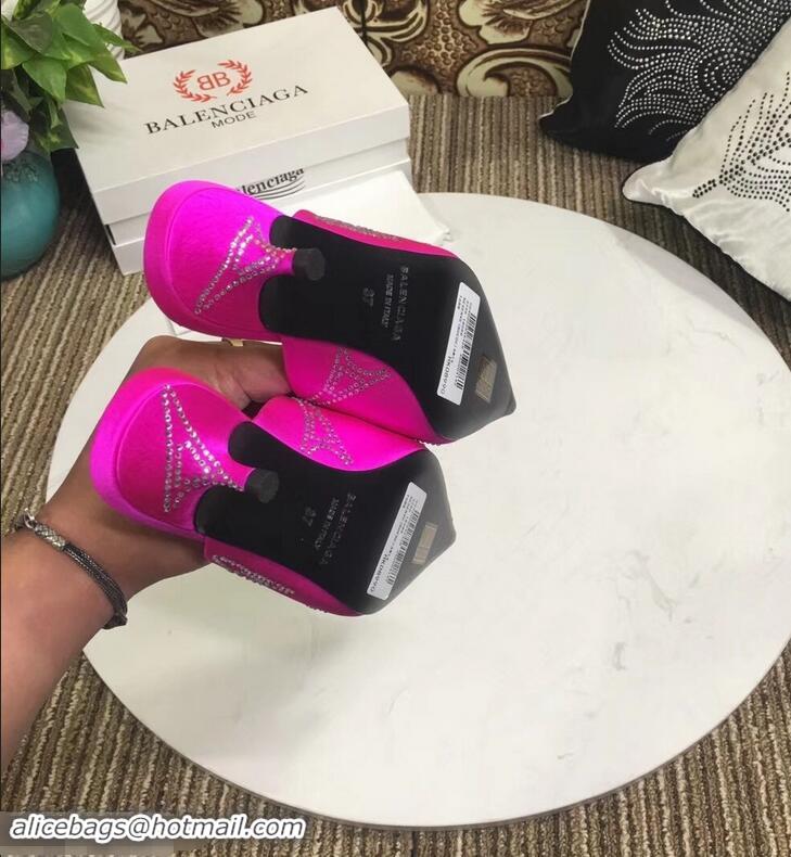 Imitation Balenciaga Eiffel Tower Strassed Satin Heel 4cm Knife Mules B94809 Fuchsia 2019