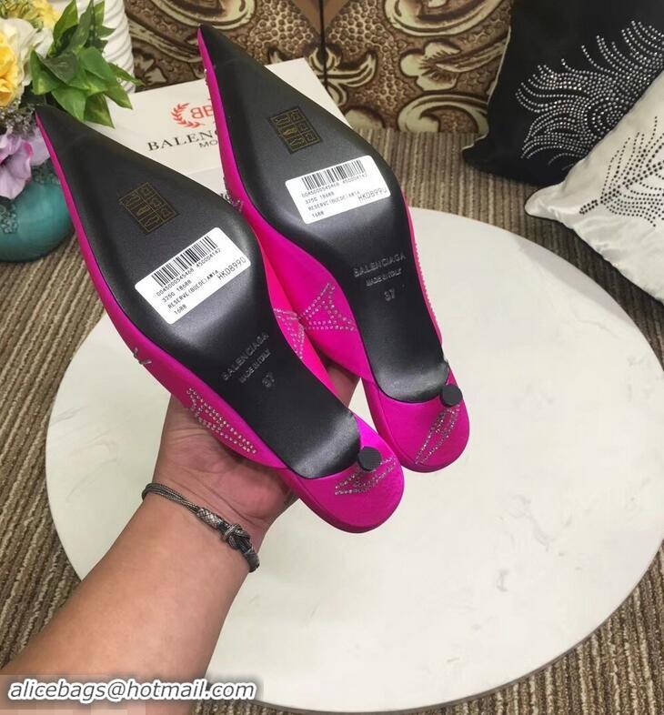 Imitation Balenciaga Eiffel Tower Strassed Satin Heel 4cm Knife Mules B94809 Fuchsia 2019