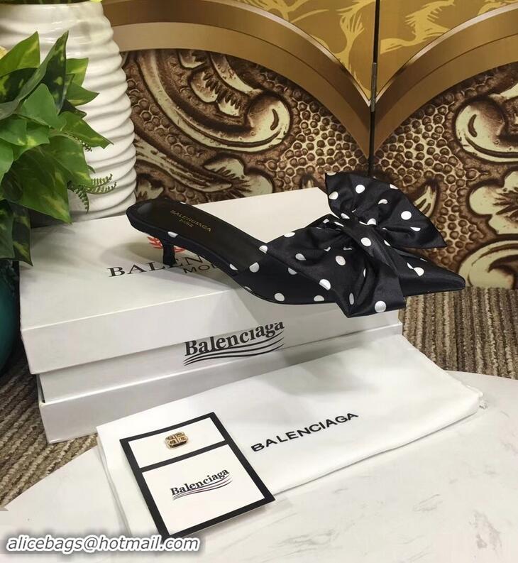 Buy Faux Balenciaga Polkadots Heel 4cm Square Knife Bow Mules B94813 Black 2019