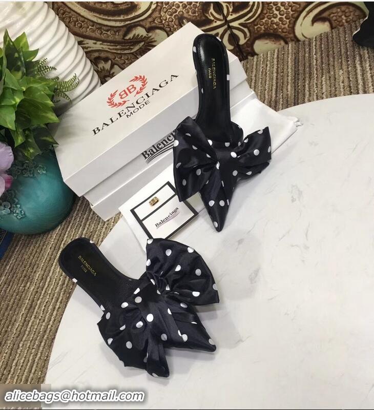 Buy Faux Balenciaga Polkadots Heel 4cm Square Knife Bow Mules B94813 Black 2019