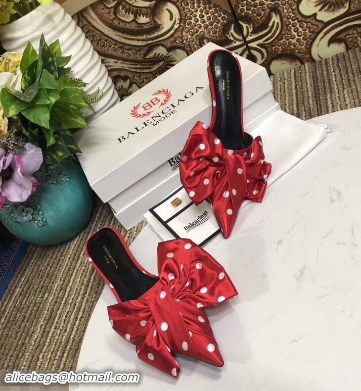 Low Price Balenciaga Polkadots Heel 4cm Square Knife Bow Mules B94813 Red 2019