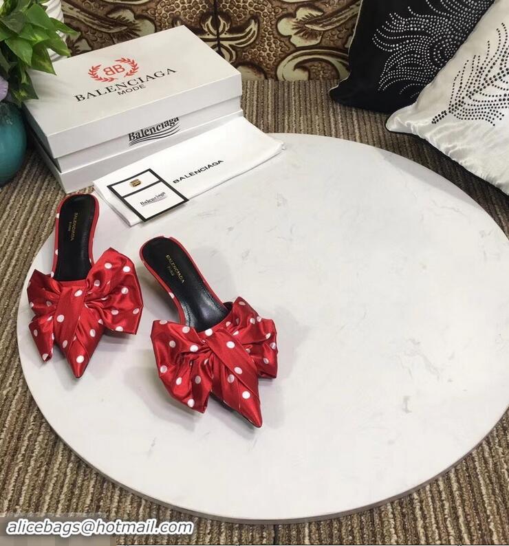 Low Price Balenciaga Polkadots Heel 4cm Square Knife Bow Mules B94813 Red 2019