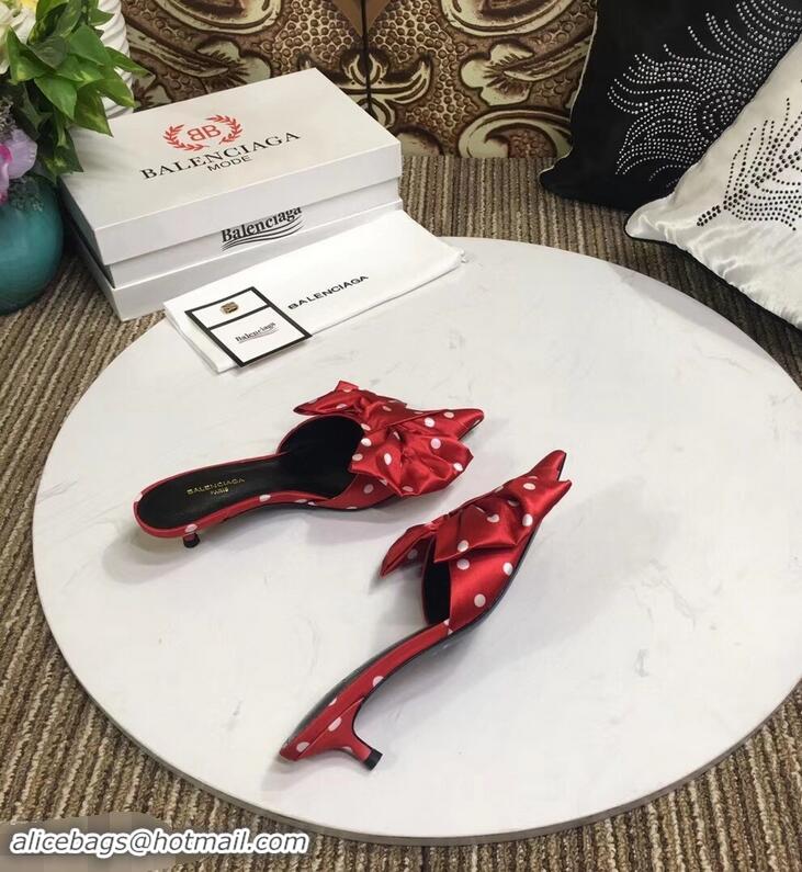 Low Price Balenciaga Polkadots Heel 4cm Square Knife Bow Mules B94813 Red 2019