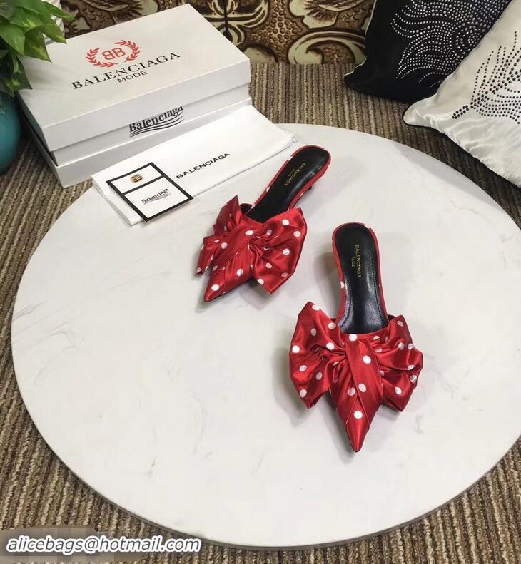 Low Price Balenciaga Polkadots Heel 4cm Square Knife Bow Mules B94813 Red 2019