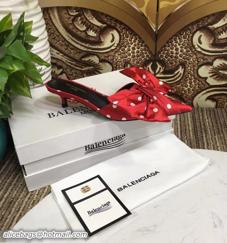 Low Price Balenciaga Polkadots Heel 4cm Square Knife Bow Mules B94813 Red 2019