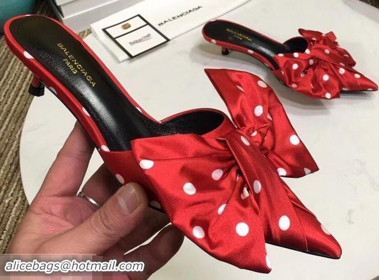 Low Price Balenciaga Polkadots Heel 4cm Square Knife Bow Mules B94813 Red 2019