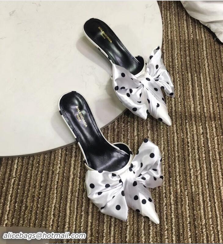 Promotional Balenciaga Polkadots Heel 4cm Square Knife Bow Mules B94813 White 2019