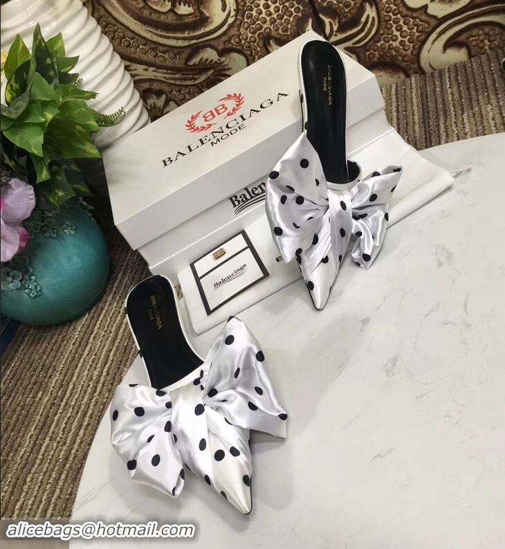 Promotional Balenciaga Polkadots Heel 4cm Square Knife Bow Mules B94813 White 2019