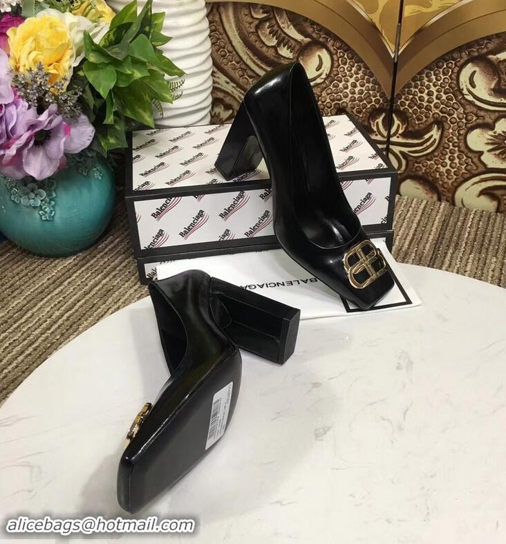 Hot Sell Balenciaga BB Heel 9cm Square Toe Pumps B94817 Glazed Black 2019