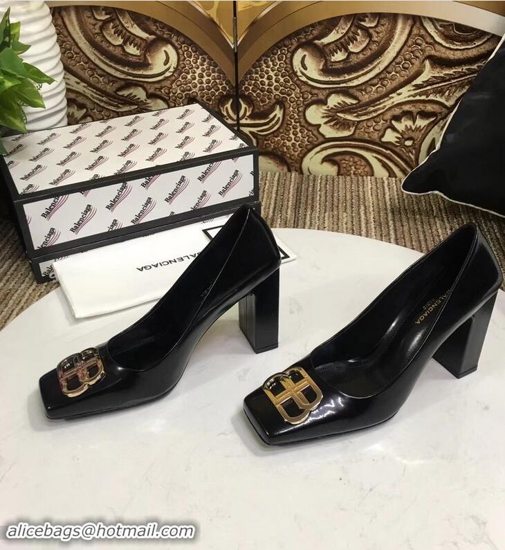 Hot Sell Balenciaga BB Heel 9cm Square Toe Pumps B94817 Glazed Black 2019