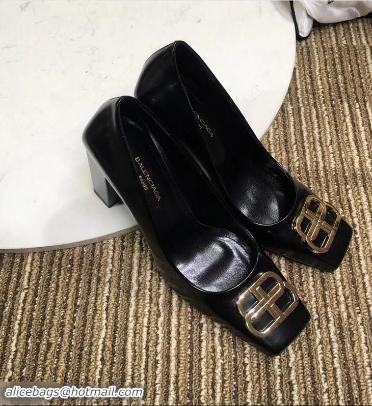 Hot Sell Balenciaga BB Heel 9cm Square Toe Pumps B94817 Glazed Black 2019