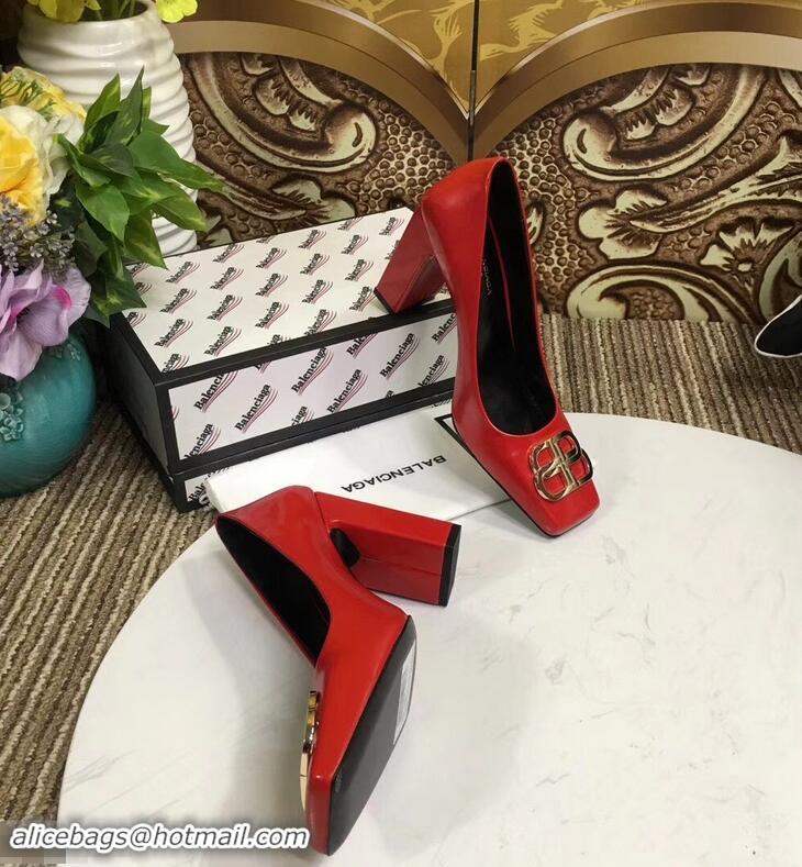 Low Cost Balenciaga BB Heel 9cm Square Toe Pumps Glazed B94817 Red 2019