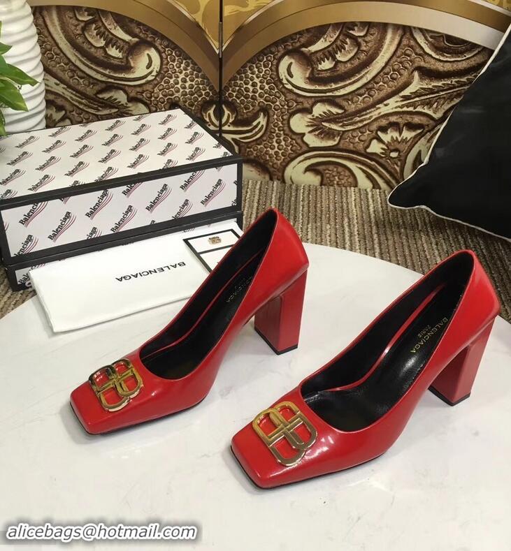 Low Cost Balenciaga BB Heel 9cm Square Toe Pumps Glazed B94817 Red 2019