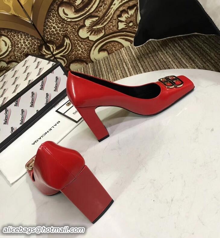 Low Cost Balenciaga BB Heel 9cm Square Toe Pumps Glazed B94817 Red 2019