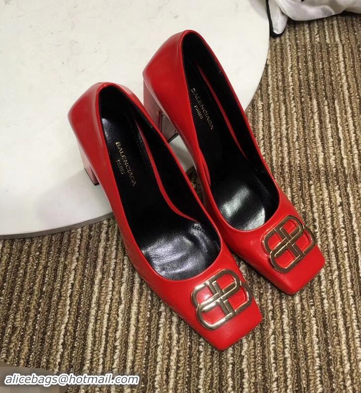 Low Cost Balenciaga BB Heel 9cm Square Toe Pumps Glazed B94817 Red 2019