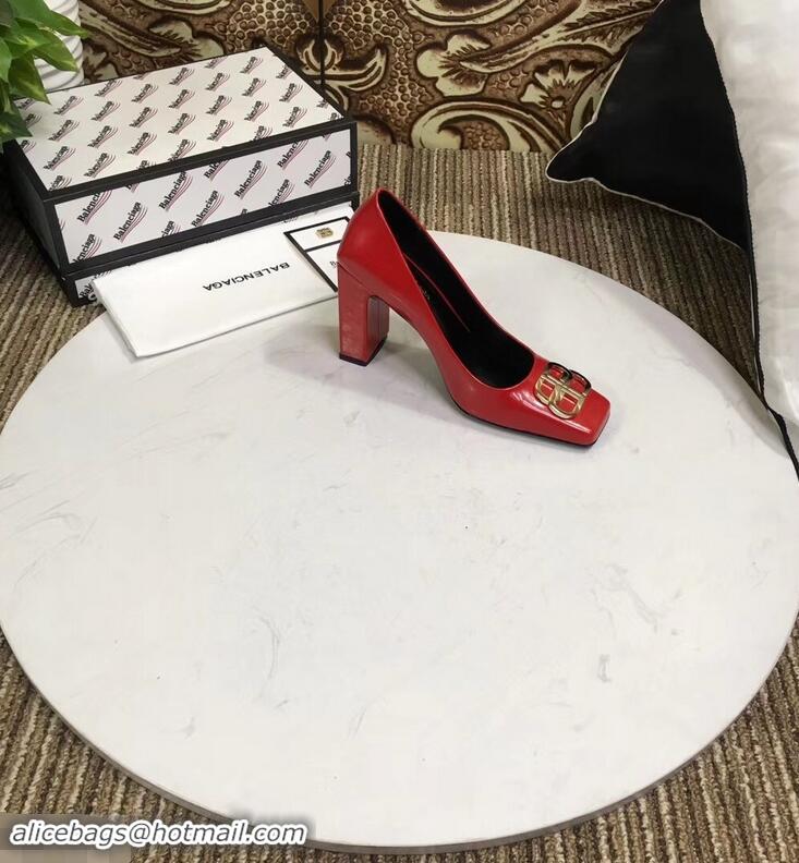 Low Cost Balenciaga BB Heel 9cm Square Toe Pumps Glazed B94817 Red 2019