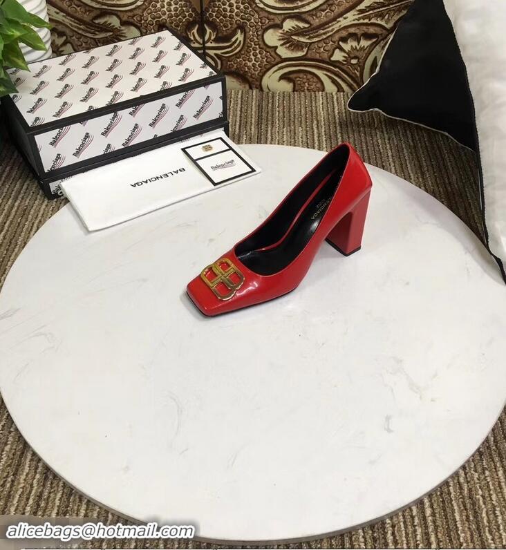 Low Cost Balenciaga BB Heel 9cm Square Toe Pumps Glazed B94817 Red 2019