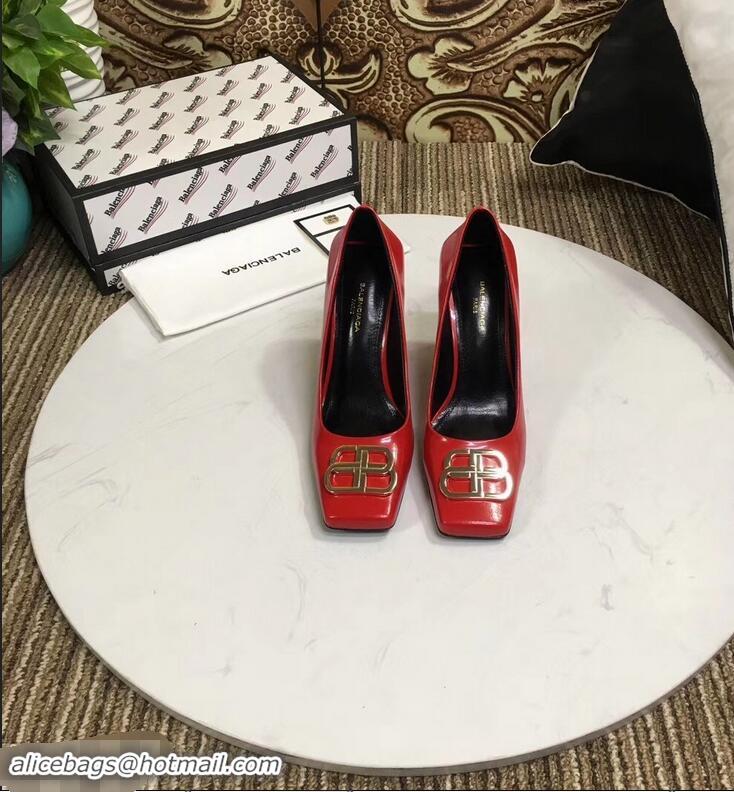 Low Cost Balenciaga BB Heel 9cm Square Toe Pumps Glazed B94817 Red 2019