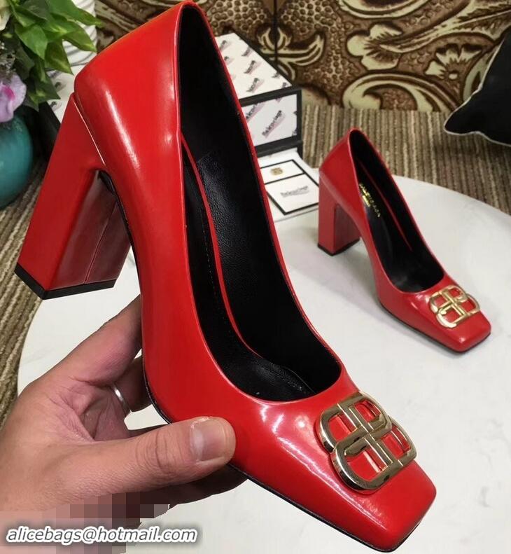 Low Cost Balenciaga BB Heel 9cm Square Toe Pumps Glazed B94817 Red 2019