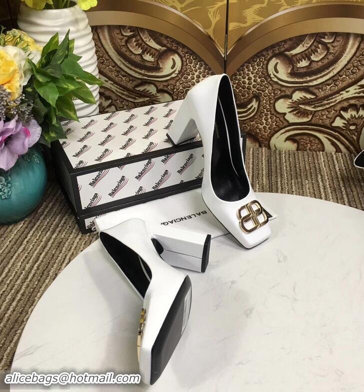 Hot Sell Balenciaga BB Heel 9cm Square Toe Pumps B94817 Glazed White 2019