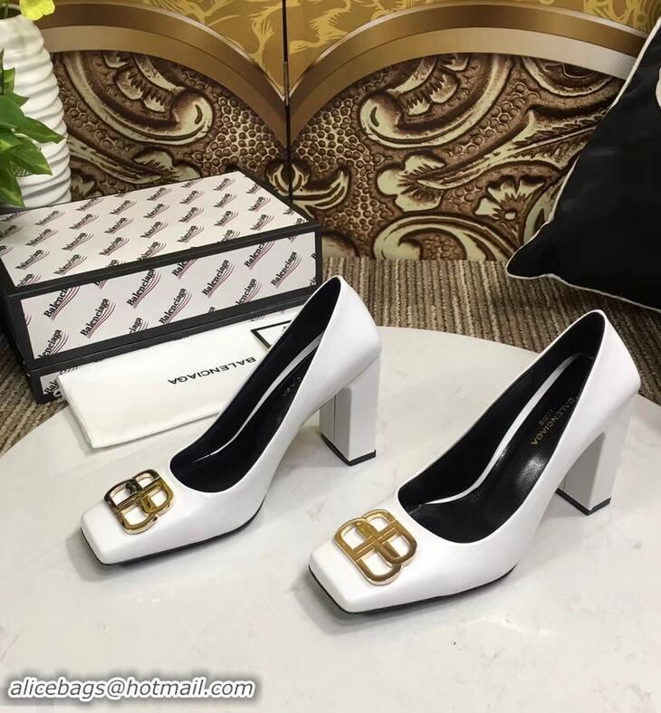 Hot Sell Balenciaga BB Heel 9cm Square Toe Pumps B94817 Glazed White 2019