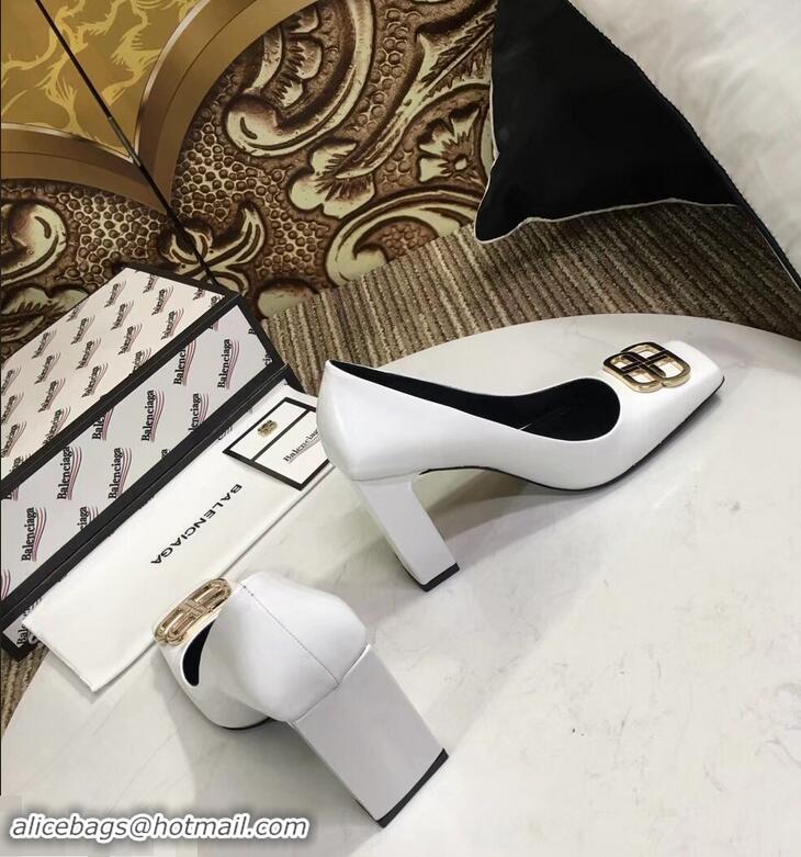 Hot Sell Balenciaga BB Heel 9cm Square Toe Pumps B94817 Glazed White 2019