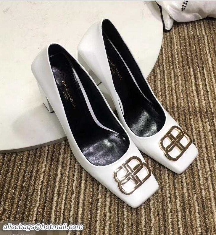 Hot Sell Balenciaga BB Heel 9cm Square Toe Pumps B94817 Glazed White 2019