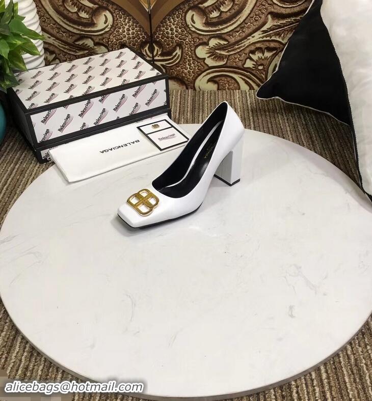 Hot Sell Balenciaga BB Heel 9cm Square Toe Pumps B94817 Glazed White 2019