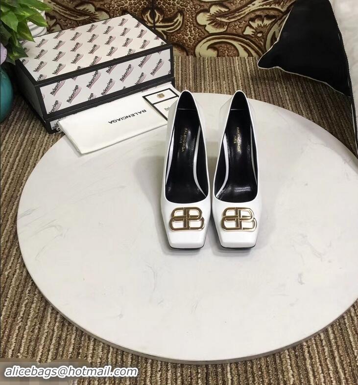 Hot Sell Balenciaga BB Heel 9cm Square Toe Pumps B94817 Glazed White 2019