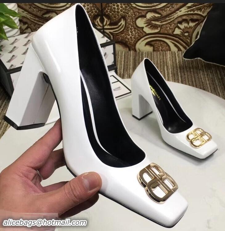 Hot Sell Balenciaga BB Heel 9cm Square Toe Pumps B94817 Glazed White 2019