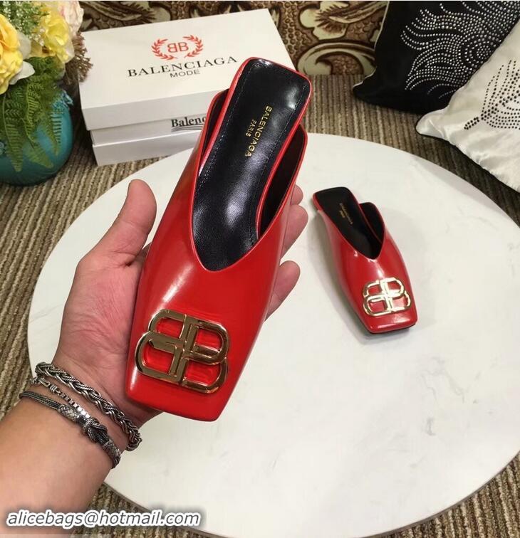 Imitation Balenciaga BB Heel 2cm Square Toe Mules B94821 Glazed Red 2019