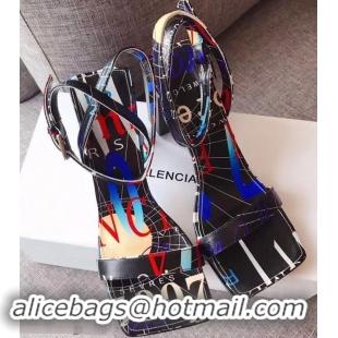 Top Discount Balenciaga Heel 10.5cm Square Toe Graffiti Sandals B95311 Black 2019