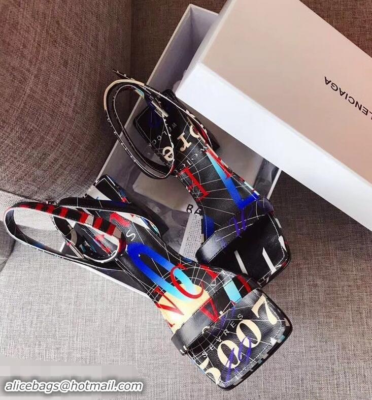 Top Discount Balenciaga Heel 10.5cm Square Toe Graffiti Sandals B95311 Black 2019