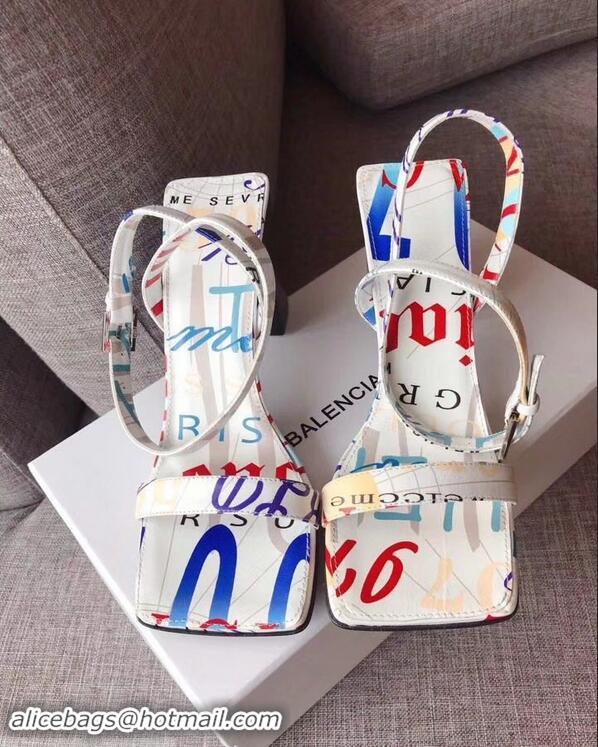 Low Cost Balenciaga Heel 10.5cm Square Toe Graffiti Sandals B95311 White 2019