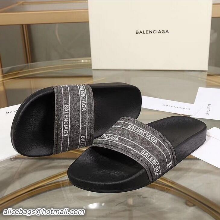 Pretty Style Balenciaga Logo Slides Sandals Glitter B95701 Black