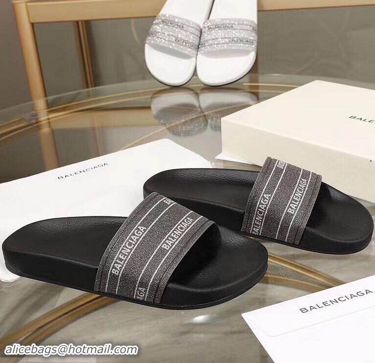 Pretty Style Balenciaga Logo Slides Sandals Glitter B95701 Black