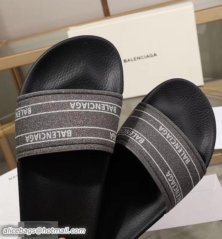 Pretty Style Balenciaga Logo Slides Sandals Glitter B95701 Black