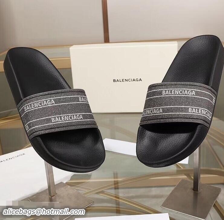 Pretty Style Balenciaga Logo Slides Sandals Glitter B95701 Black