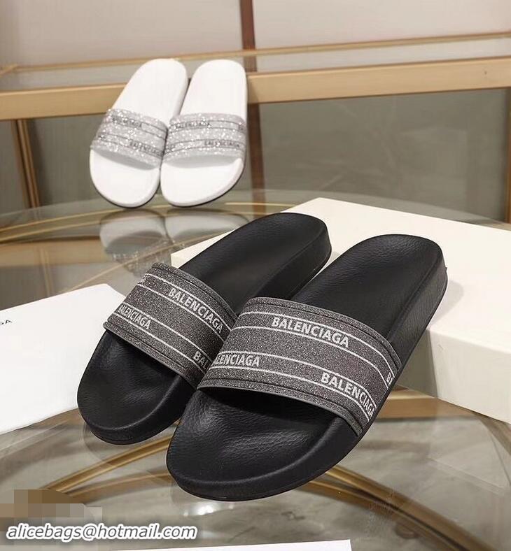 Pretty Style Balenciaga Logo Slides Sandals Glitter B95701 Black