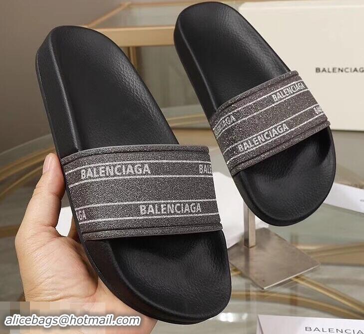 Pretty Style Balenciaga Logo Slides Sandals Glitter B95701 Black