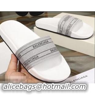 Top Grade Balenciaga Logo Slides Sandals Glitter B95701 White