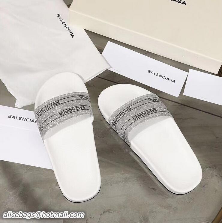 Top Grade Balenciaga Logo Slides Sandals Glitter B95701 White